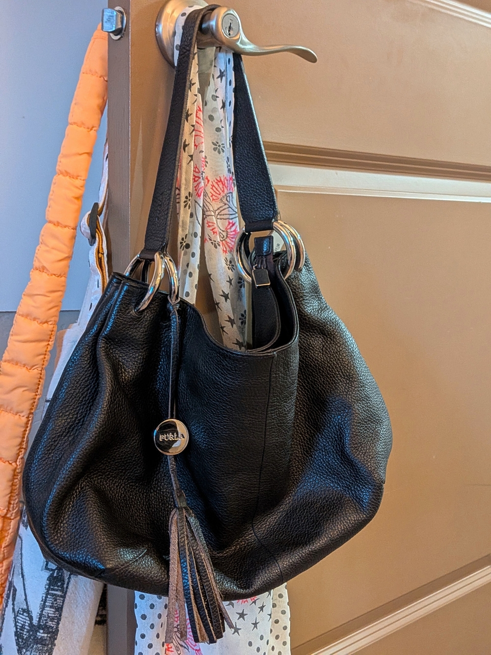 Furla Black Pebbled Leather Hobo with Tassel Charm